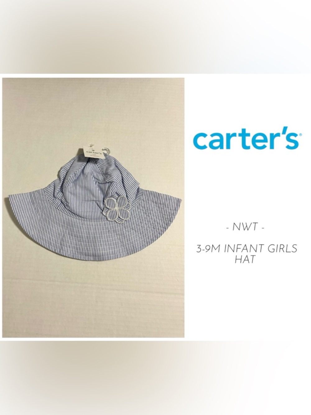 🆕CARTER’S - 3/9M - NWT - INFANT GIRLS BLUE WHITE FLORAL STRIPE BUCKET / SUN HAT